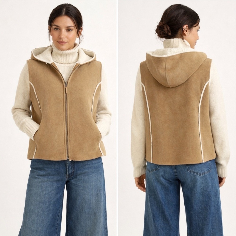 Lauren Ralph Lauren Tan Sherpa Vest L | Cream Trim | Cozy Neutral